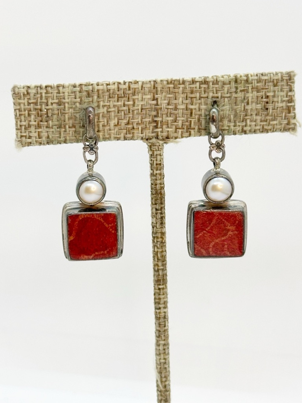 Silver Drop Earrings with Red Coral and Faux Pearl Accent